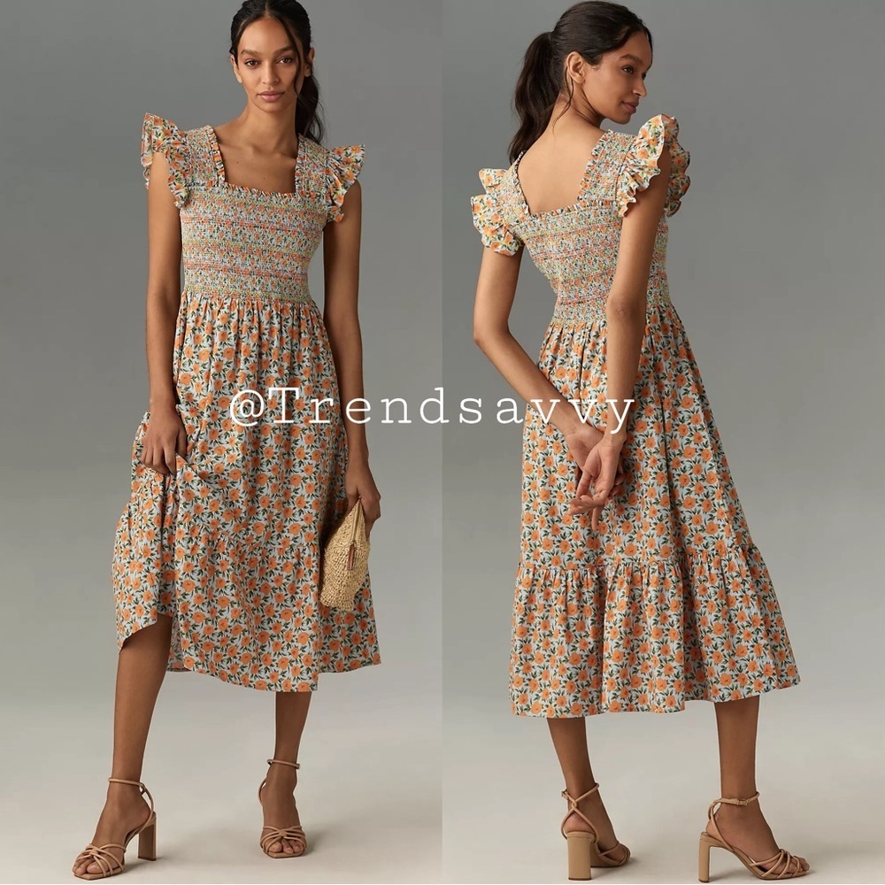 Anthropologie English Factory Floral Smocked Midi Dress Large Square Neck Ruffle